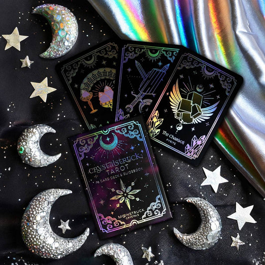Crystalstruck Tarot Silver Edition deck with holographic silver foil and starry edges.