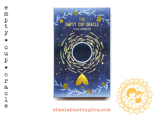 The Empty Cup Oracle by Stasia Burrington featuring minimalist black ink illustrations, gold-edged cards, and a foil-stamped collector's box.