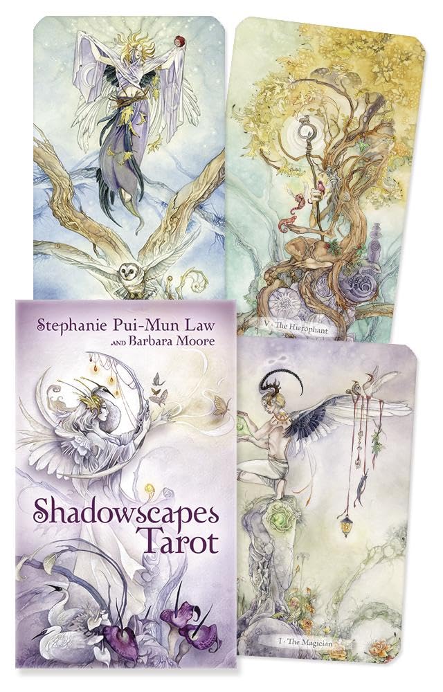 Shadowscapes Tarot Borderless Edition by Stephanie Pui-Mun Law featuring immersive watercolour fantasy artwork, dragons, faeries, and mythical landscapes.