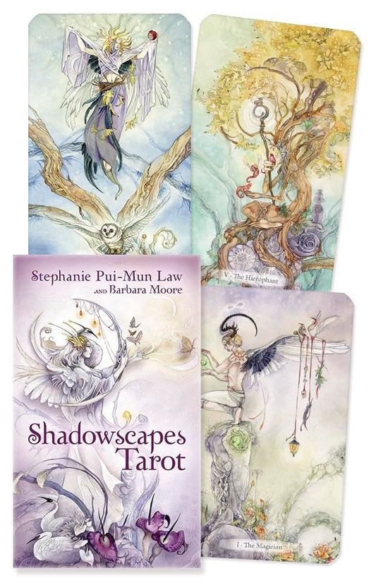 Shadowscapes Tarot Borderless Edition by Stephanie Pui-Mun Law featuring immersive watercolour fantasy artwork, dragons, faeries, and mythical landscapes.