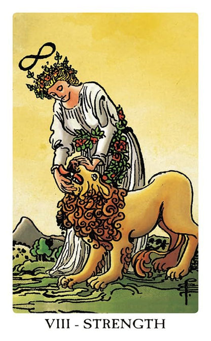 Tarot card titled 'Strength' featuring a woman and a lion on a yellow background