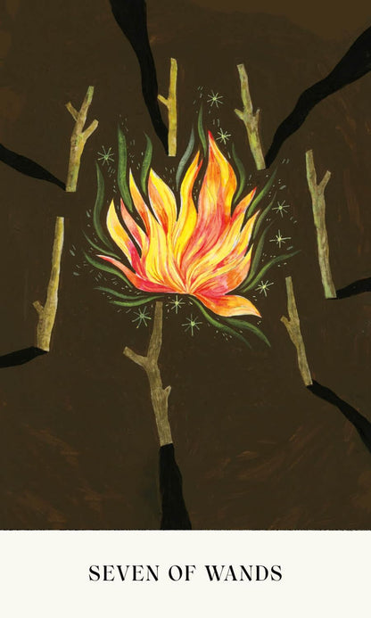 Card with a fiery design labeled 'Seven of Wands' on a dark background Soul Tarot by Lindsay Mack and Chelsea Granger featuring contemporary artwork and a 78-card tarot deck created for healing, self-discovery, and intuitive practice.