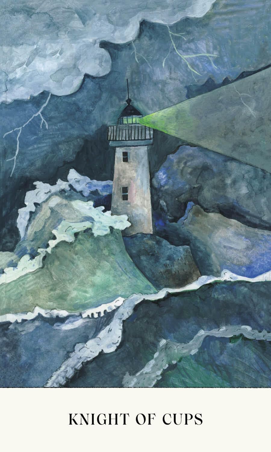 Artistic depiction of a lighthouse on an island with stormy sea and clouds, labeled 'Knight of Cups'. Soul Tarot by Lindsay Mack and Chelsea Granger featuring contemporary artwork and a 78-card tarot deck created for healing, self-discovery, and intuitive practice.