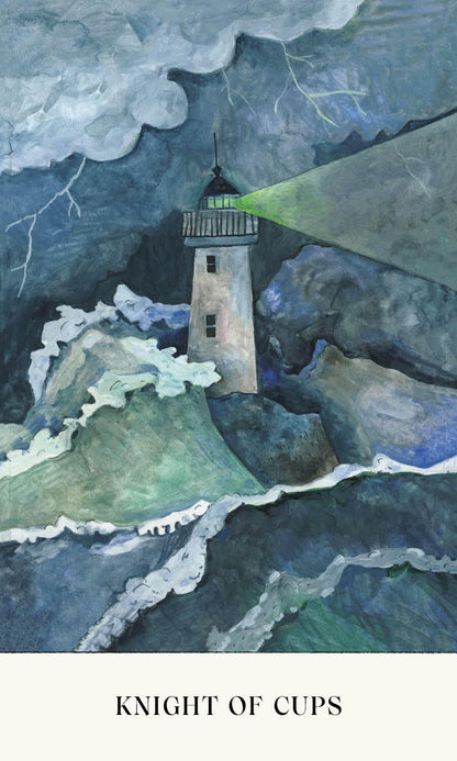 Artistic depiction of a lighthouse on an island with stormy sea and clouds, labeled 'Knight of Cups'. Soul Tarot by Lindsay Mack and Chelsea Granger featuring contemporary artwork and a 78-card tarot deck created for healing, self-discovery, and intuitive practice.