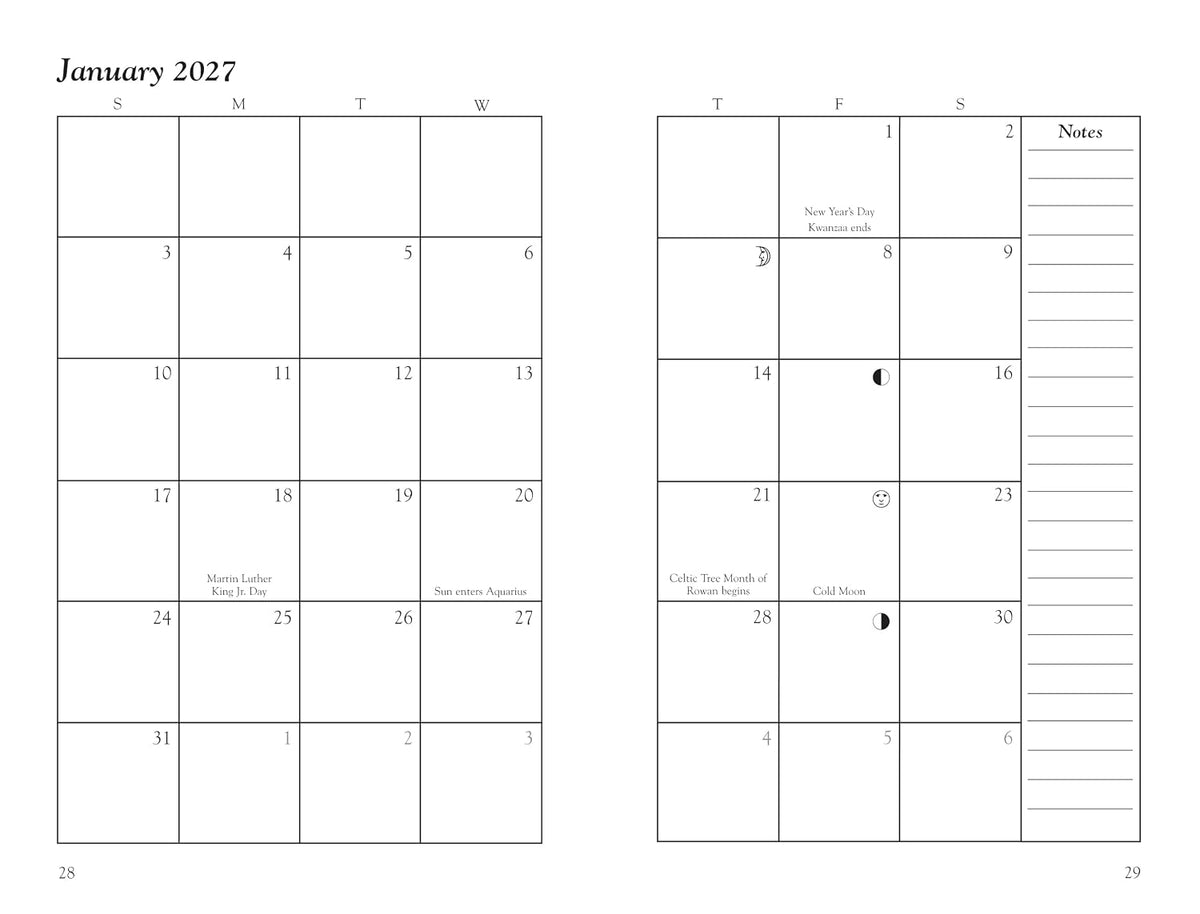 A black and white digital preview of a two-page monthly calendar for January 2027, featuring a grid layout with Sunday through Saturday columns, numbered days, and a notes section on the right page. Llewellyn's 2027 Witches' Datebook, spiral-bound weekly witchcraft planner featuring Jennifer Hewitson's artwork, seasonal rituals and magical tips.