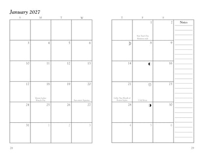 A black and white digital preview of a two-page monthly calendar for January 2027, featuring a grid layout with Sunday through Saturday columns, numbered days, and a notes section on the right page. Llewellyn's 2027 Witches' Datebook, spiral-bound weekly witchcraft planner featuring Jennifer Hewitson's artwork, seasonal rituals and magical tips.