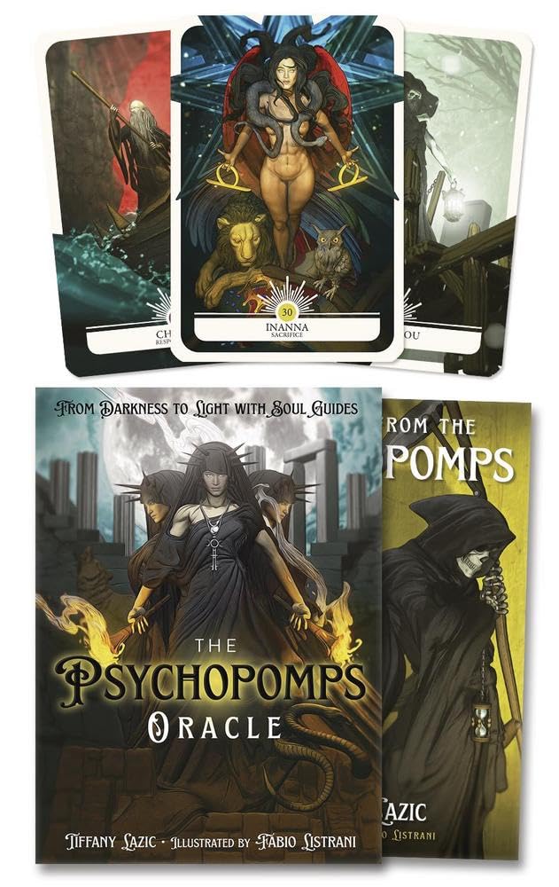 Collection of tarot cards titled 'The Psychopomps Oracle' with a dark, mystical design.
