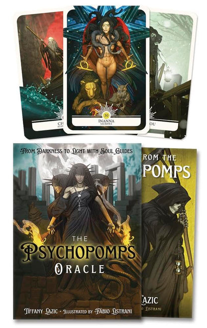 Collection of tarot cards titled 'The Psychopomps Oracle' with a dark, mystical design.