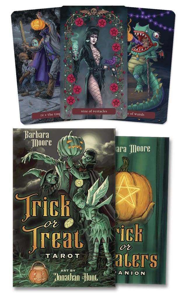 Set of tarot cards with Halloween-themed artwork and 'Trick or Treat Tarot' book by Barbara Moore.