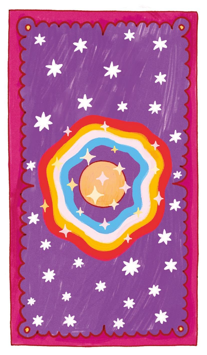 A colorful square art print or decorative panel featuring a purple background with white stars, a scalloped magenta border, and a central rainbow-like ring motif around a peach circle.