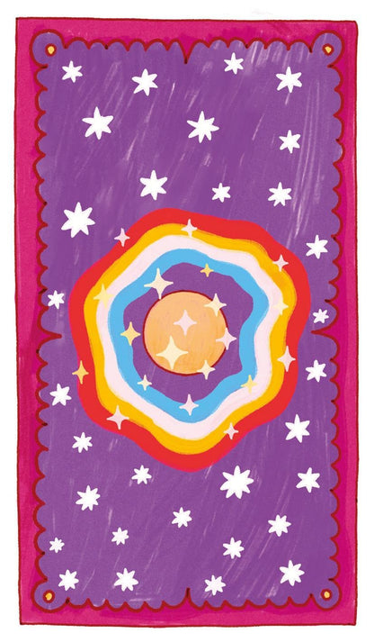 A colorful square art print or decorative panel featuring a purple background with white stars, a scalloped magenta border, and a central rainbow-like ring motif around a peach circle.