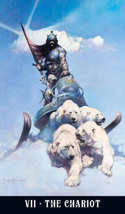 Mystical scene with a warrior on a chariot pulled by polar bears against a blue sky. Frazetta Fantasy Tarot featuring authentic fantasy artwork by Frank Frazetta with heroic figures, mythical creatures, and classic sword and sorcery imagery.