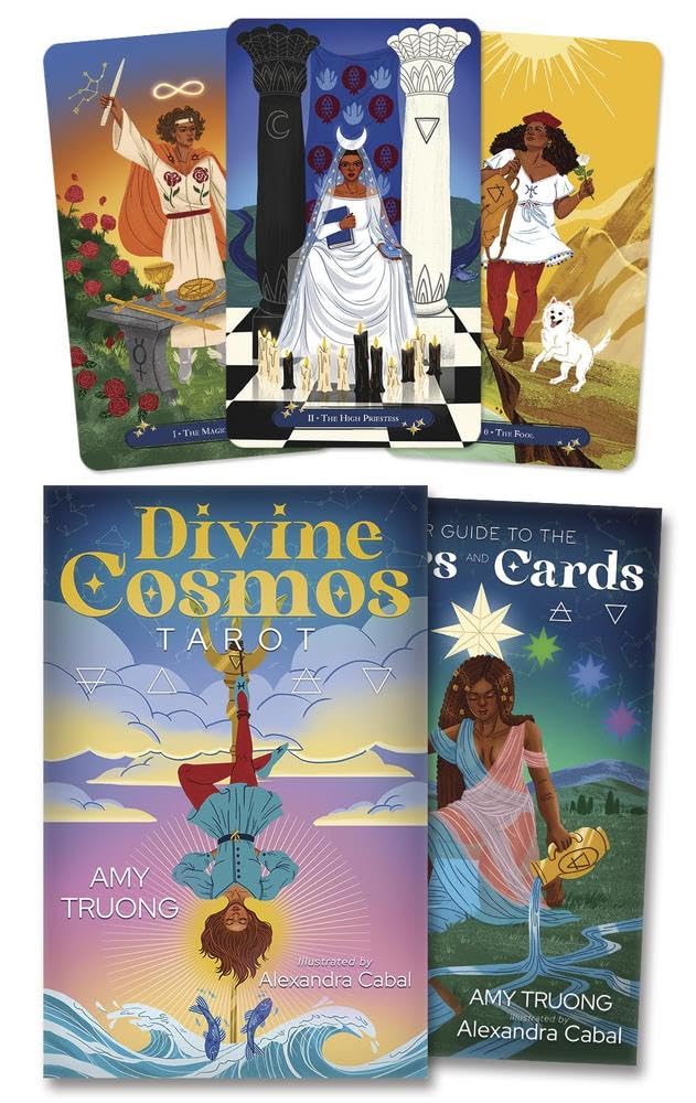 Divine Cosmos Tarot by Amy Truong and Alexandra Cabal featuring vibrant celestial artwork inspired by astrology, zodiac signs, planets and the Rider-Waite-Smith tarot system.