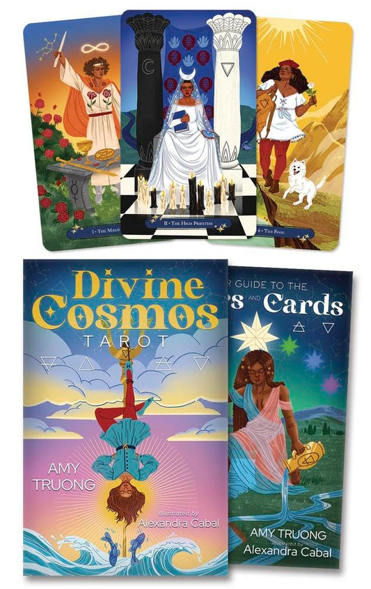 Divine Cosmos Tarot by Amy Truong and Alexandra Cabal featuring vibrant celestial artwork inspired by astrology, zodiac signs, planets and the Rider-Waite-Smith tarot system.