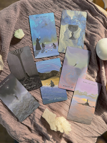 Shadows We Cast Tarot deck by Nicky Ferrada indie tarot with emotional artwork and shadow work theme