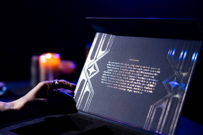 Laptop screen displaying a text-based game interface with glowing elements.