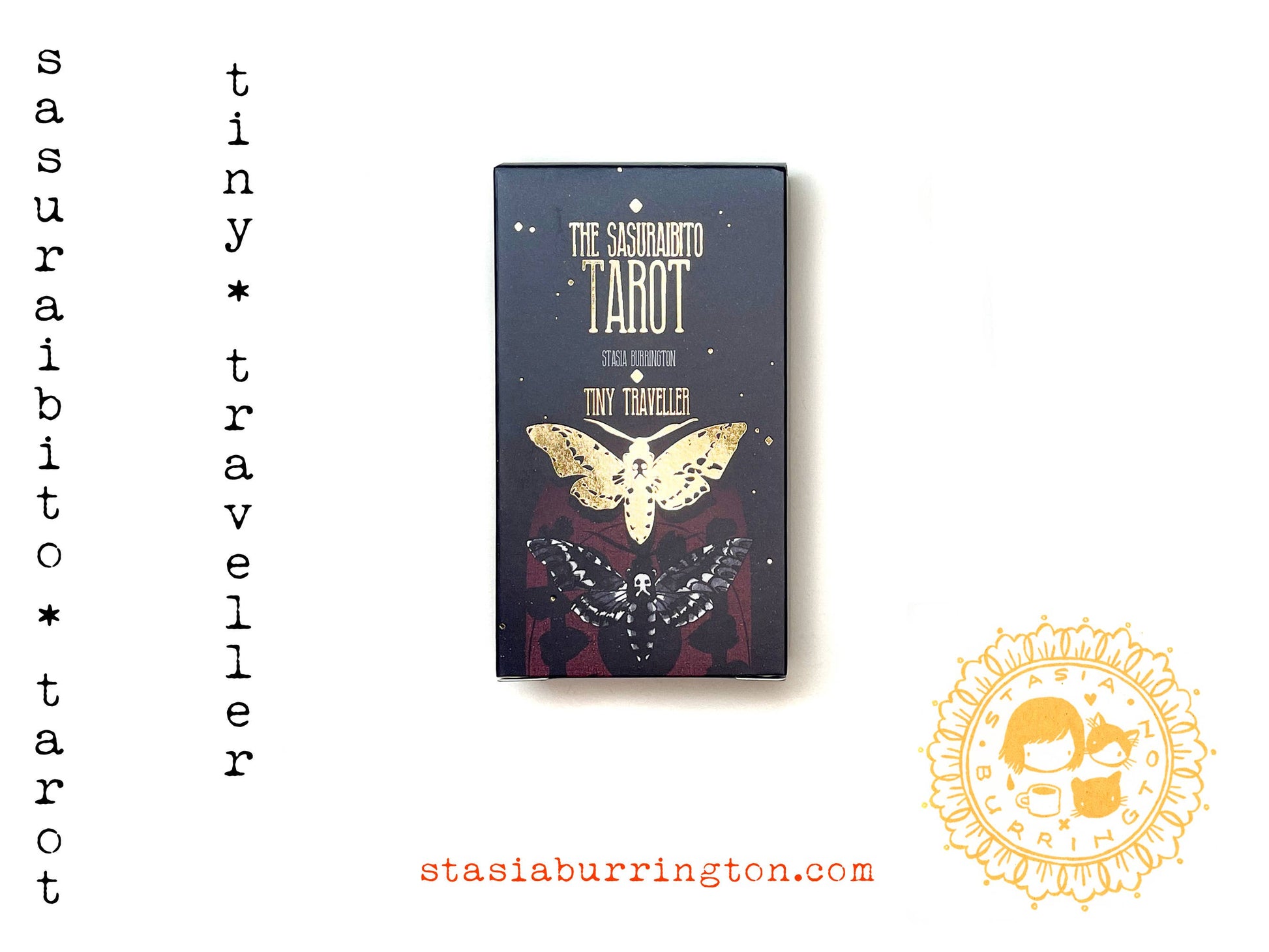 Tarot card deck packaging with butterfly design and text on a white background
