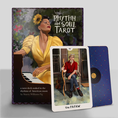 Rhythm and Soul Tarot book with tarot card featuring a man with a bow and arrow on a gray background