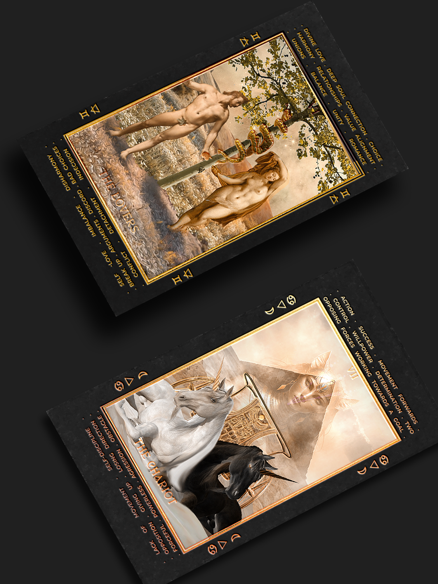 Two tarot card decks displayed diagonally on a dark background, showing both the illustrated front with classical figures and the back with symbols and text.