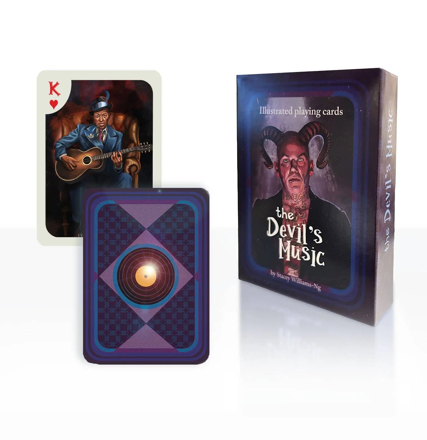 Playing cards with 'The Devil's Music' design on a white background