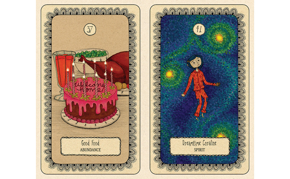 Two illustrated tarot-style cards shown side by side on a white background. The left card, labeled 3 and 'Good Food Abundance,' shows a birthday cake, drink, and red fabric. Coraline Oracle deck 
