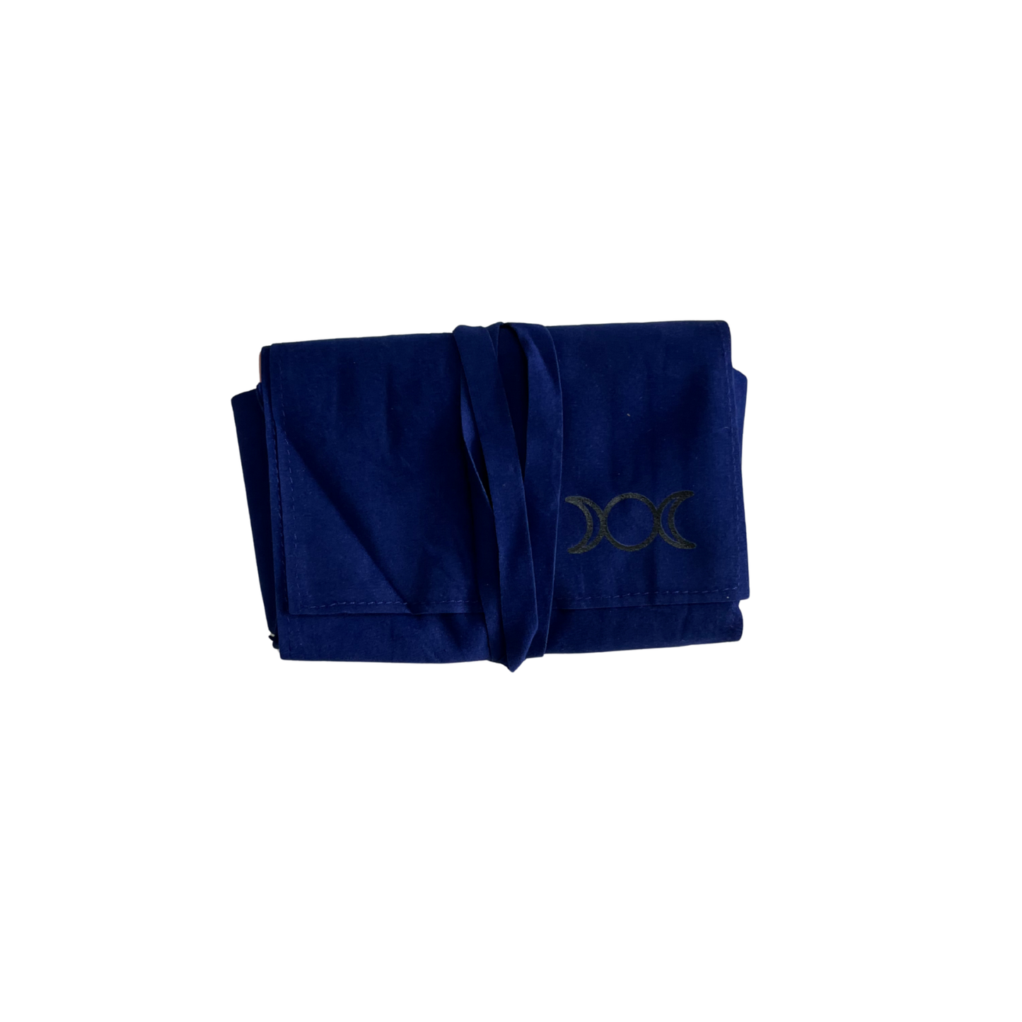 Folded blue tarot pouch with a triple moon on a white background