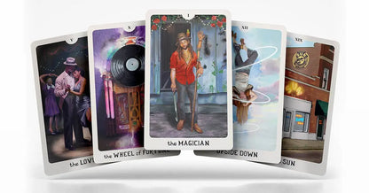 Set of tarot cards with various illustrations on a white background