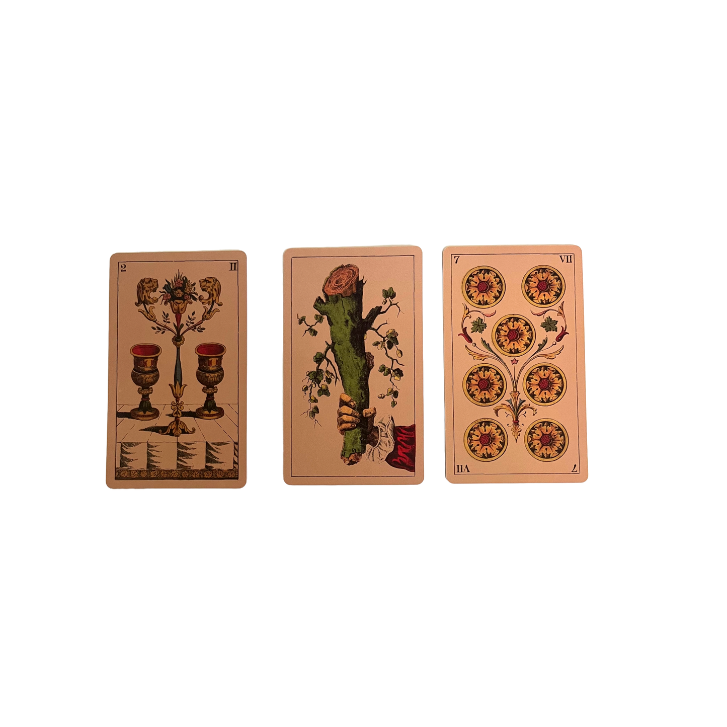 Three tarot cards with intricate designs on a white background Tarot Della Rocca historical Italian tarot deck based on Carlo Della Rocca's nineteenth-century Tarocco Sopraffino with 78 beautifully engraved cards and companion guide.