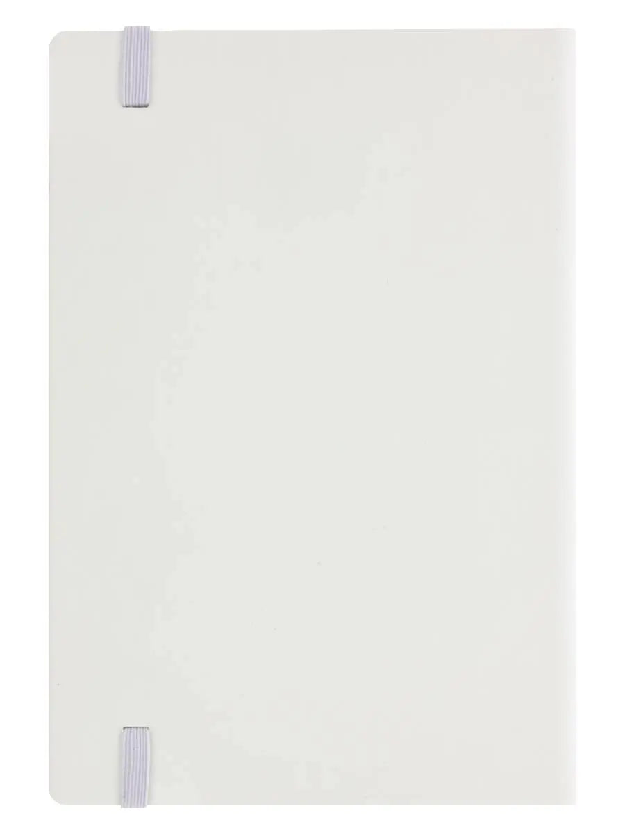 White notebook with purple elastic band on a white background