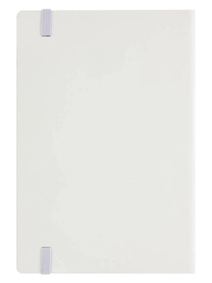 White notebook with purple elastic band on a white background