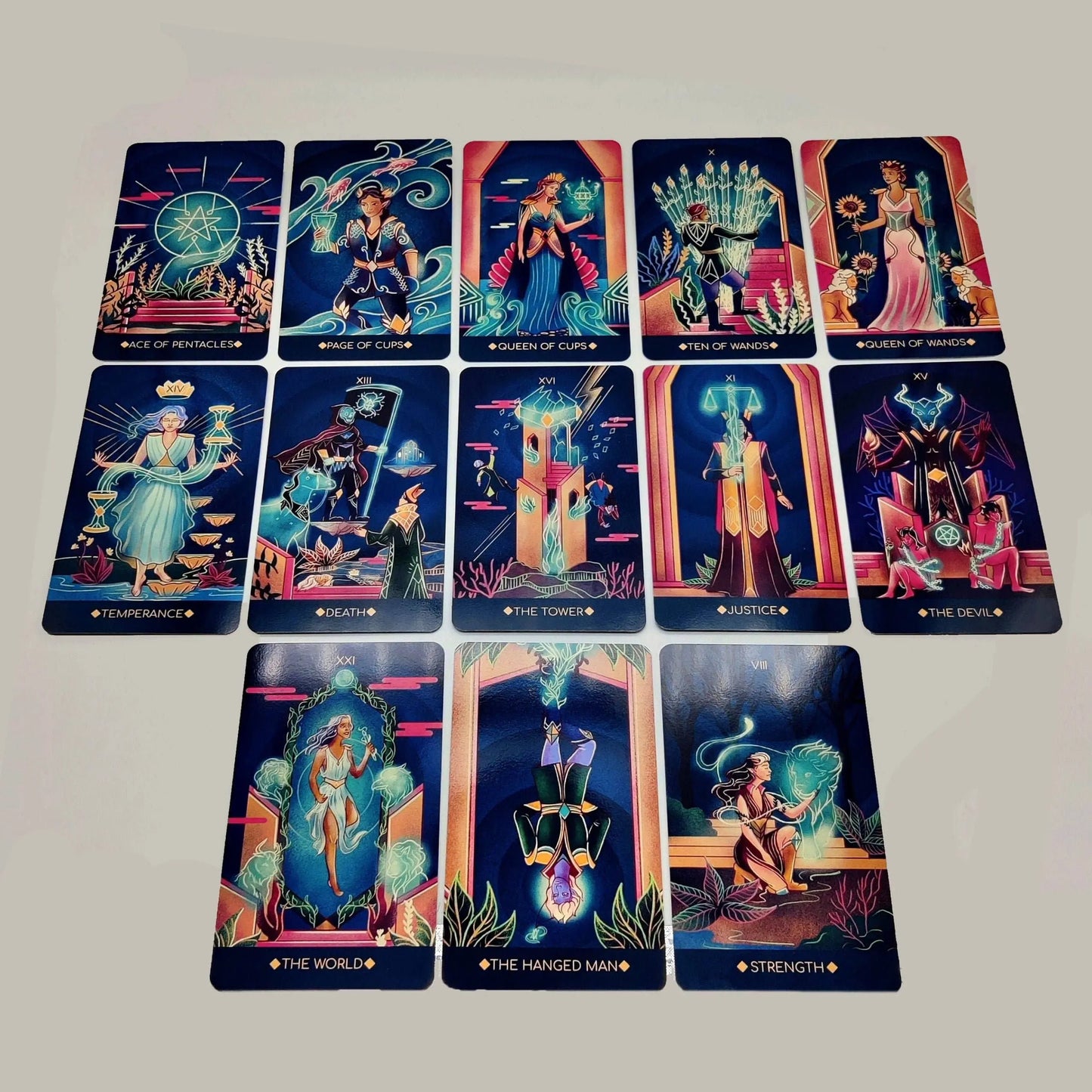 Set of tarot cards on a light gray background