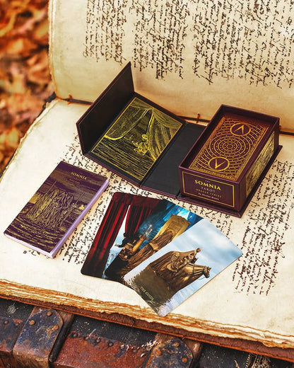 Somnia card deck packaging with cards displayed on an open book