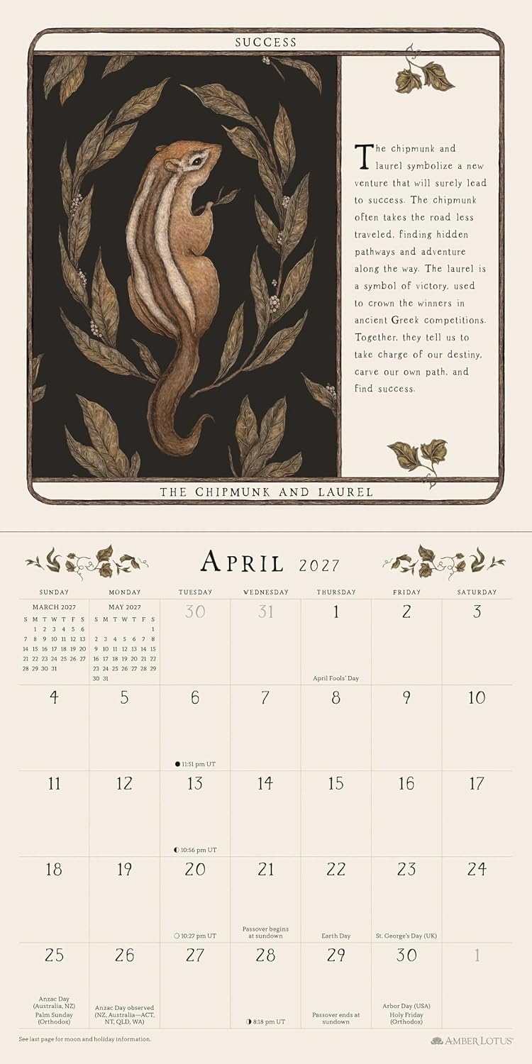 A vertical wall calendar page showing April 2027, with a large framed botanical illustration of a chameleon and leafy artwork at the top and a monthly calendar grid below.
Woodland Wardens 2027 Mini Wall Calendar by Jessica Roux featuring botanical illustrations, woodland animals and seasonal nature artwork inspired by the Woodland Wardens Oracle.