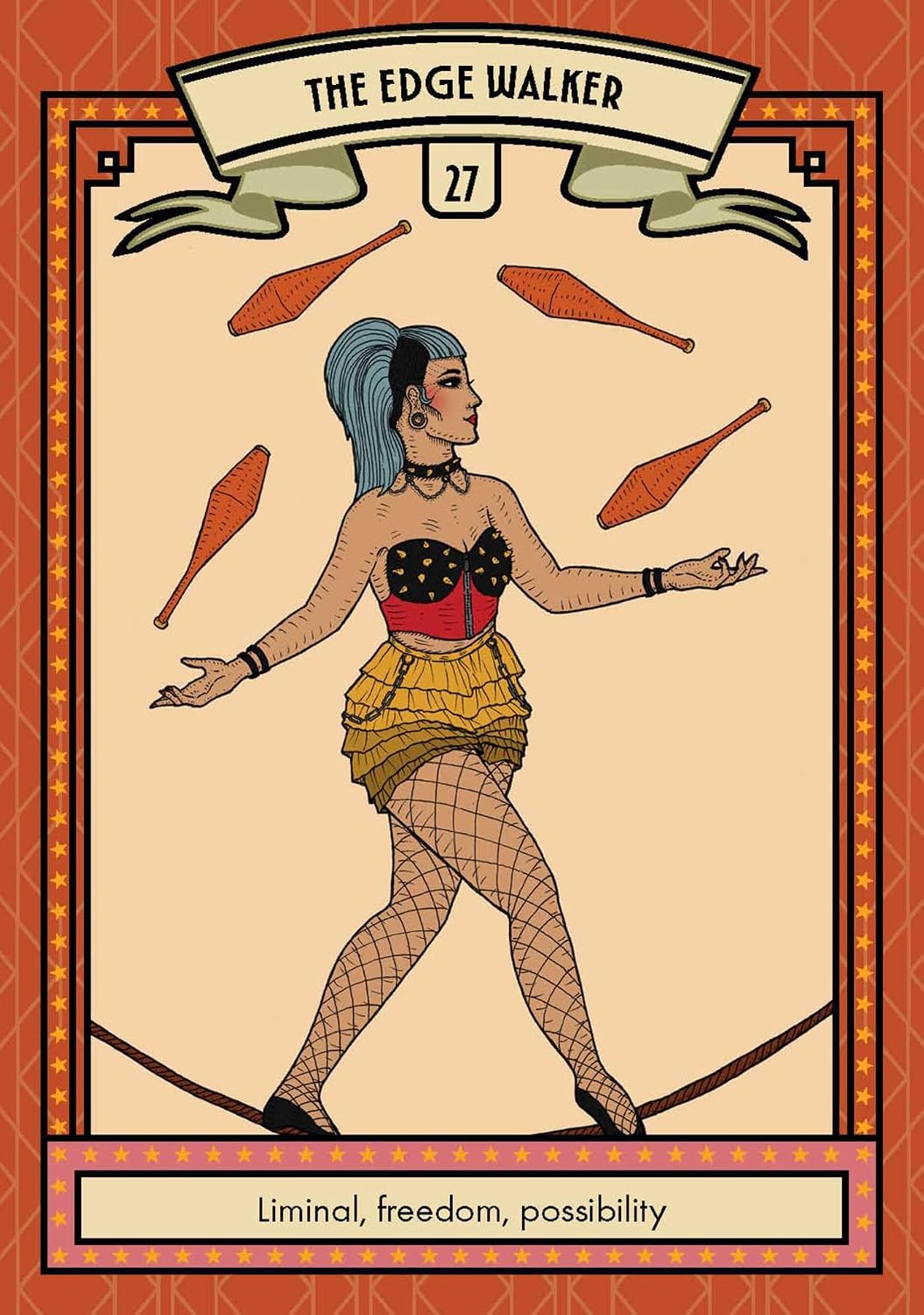 A stylized tarot card illustration titled 'THE EDGE WALKER' with the number 27 and the phrase 'Liminal, freedom, possibility' at the bottom. The card shows a woman balancing on a tightrope with juggling clubs in the air, rendered in a retro illustrated style with warm beige, orange, red, and blue tones.
Glamour Oracle by Lisa Lister featuring a 36-card oracle deck inspired by vintage glamour, magical self-care rituals and modern witchcraft with a companion guidebook.