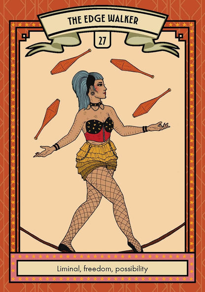 A stylized tarot card illustration titled 'THE EDGE WALKER' with the number 27 and the phrase 'Liminal, freedom, possibility' at the bottom. The card shows a woman balancing on a tightrope with juggling clubs in the air, rendered in a retro illustrated style with warm beige, orange, red, and blue tones.
Glamour Oracle by Lisa Lister featuring a 36-card oracle deck inspired by vintage glamour, magical self-care rituals and modern witchcraft with a companion guidebook.