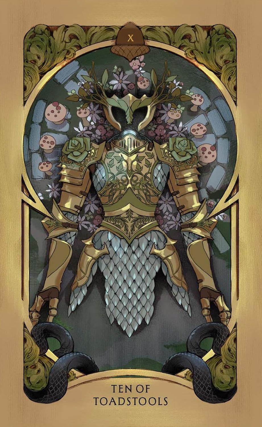 A stylized illustrated tarot card titled 'TEN OF TOADSTOOLS' showing a fantasy armored figure with antlers, flowers, snakes, and a gold decorative border on a tan background. Holly Black's Faerie Tarot official deluxe gold-foiled tarot deck inspired by the World of Elfhame featuring fantasy artwork and a companion guidebook.