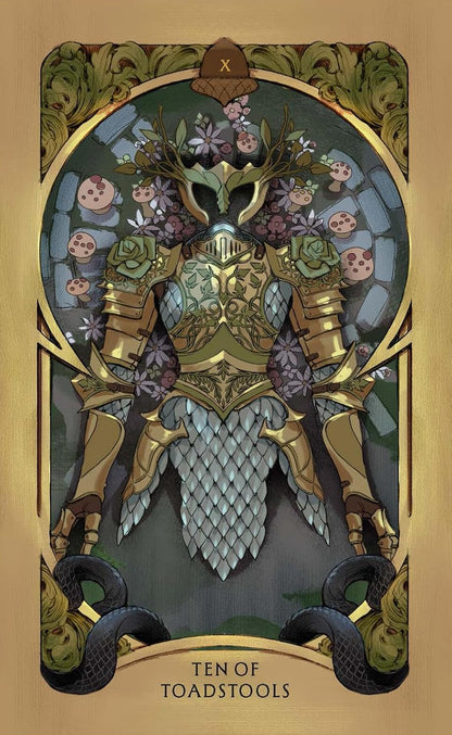 A stylized illustrated tarot card titled 'TEN OF TOADSTOOLS' showing a fantasy armored figure with antlers, flowers, snakes, and a gold decorative border on a tan background. Holly Black's Faerie Tarot official deluxe gold-foiled tarot deck inspired by the World of Elfhame featuring fantasy artwork and a companion guidebook.