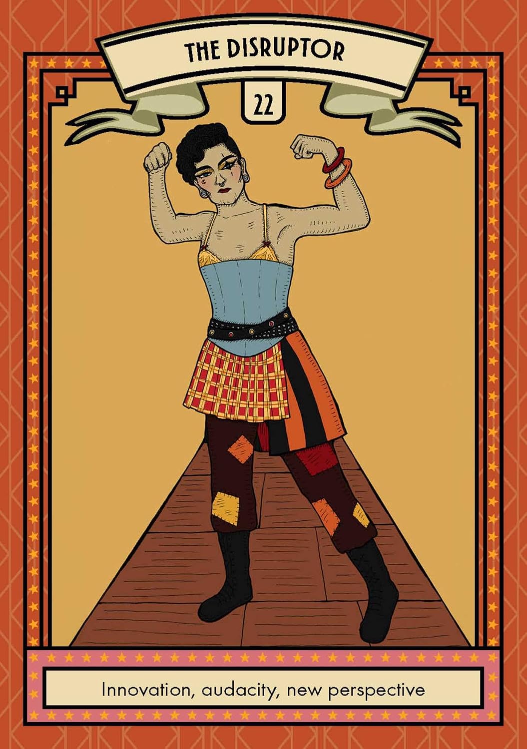 A stylized tarot card illustration titled 'THE DISRUPTOR' with the number 22 and the phrase 'Innovation, audacity, new perspective.' The card shows a woman flexing her biceps on a runway, wearing a blue corset, patterned skirt, and dark boots, set against a warm tan background with an ornate orange border.
Glamour Oracle by Lisa Lister featuring a 36-card oracle deck inspired by vintage glamour, magical self-care rituals and modern witchcraft with a companion guidebook.