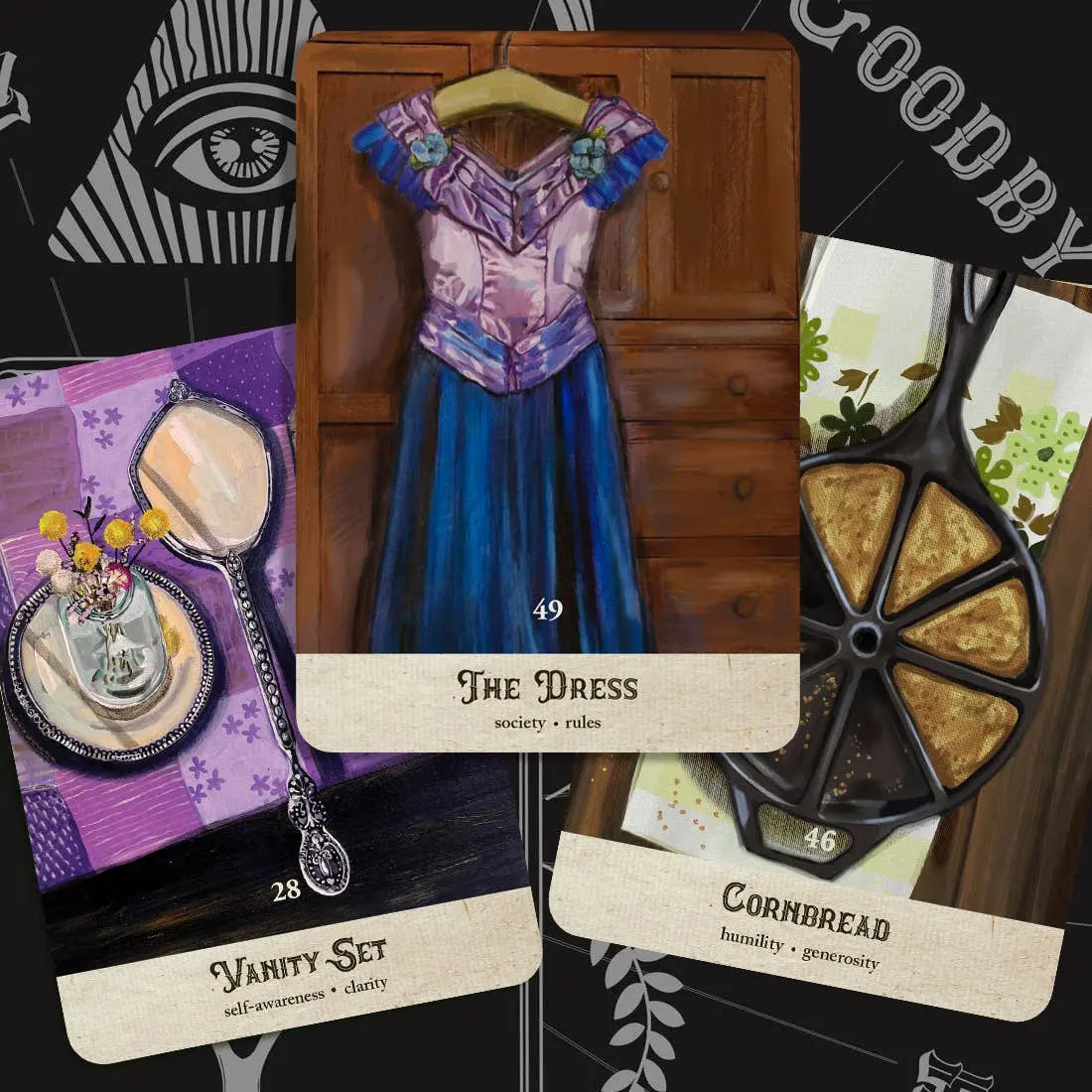 Card featuring a dress with a hanger, surrounded by other cards with text and images on a dark background.