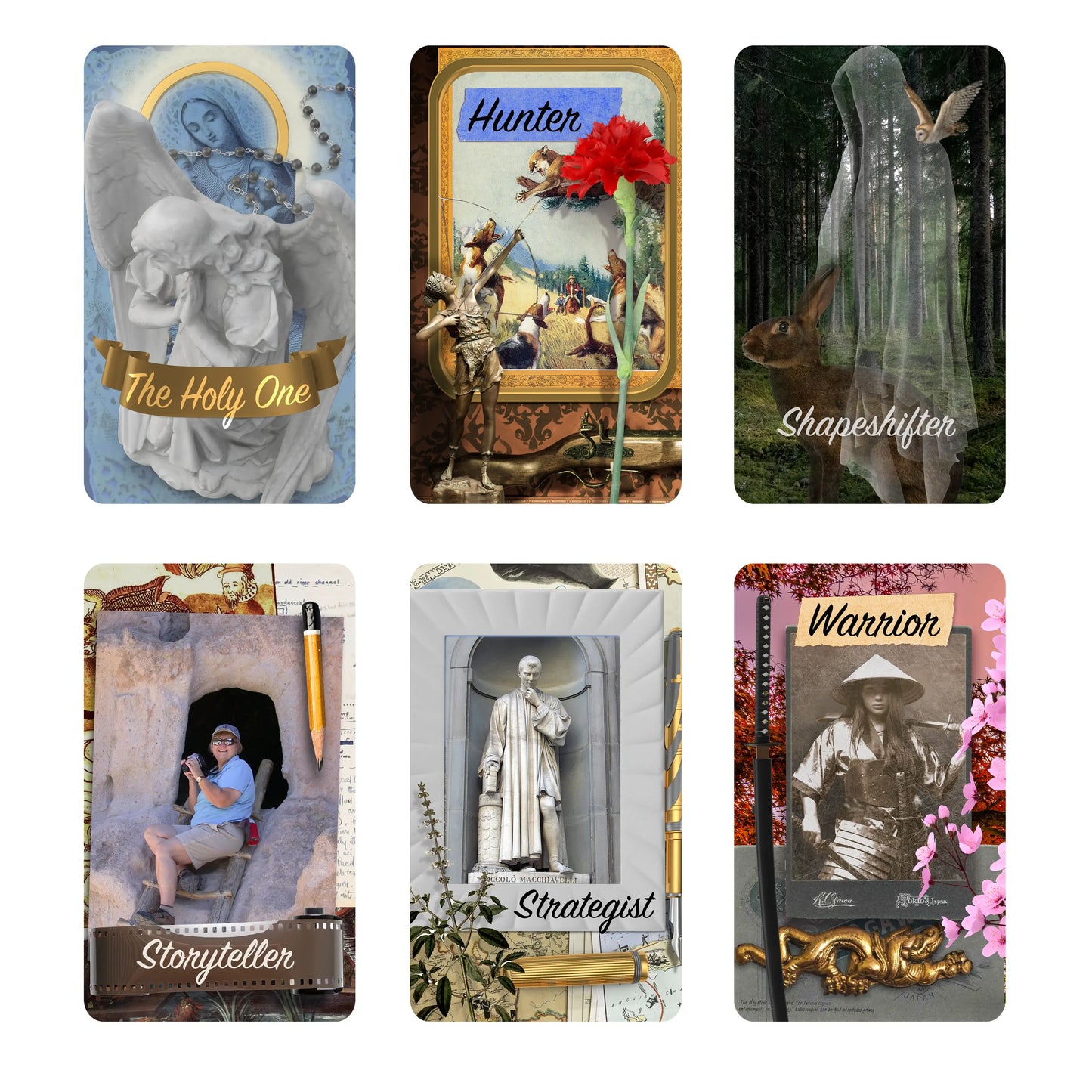 Set of six tarot cards with various characters and labels on a white background