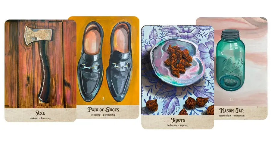 Collection of product packaging with labels for 'Axe', 'Pair of Shoes', 'Jars', and 'Roots' on a white background. The Haunts oracle card deck set Oneness Emporium