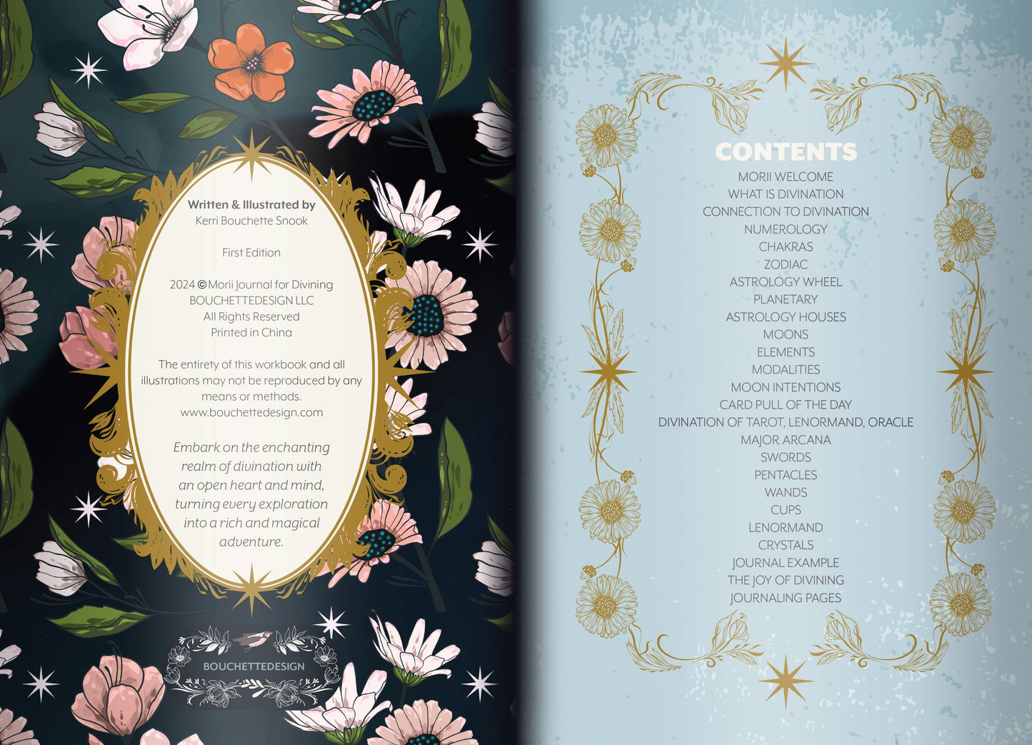 Floral design on one side and text on the other, with a decorative border.