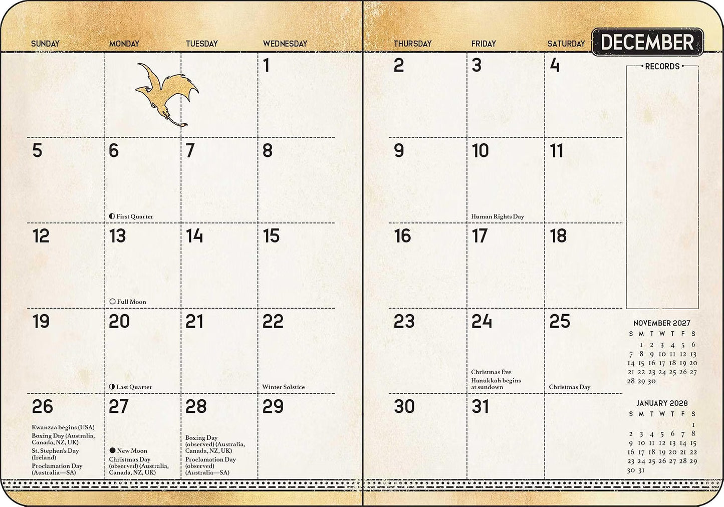 Fourth Wing 2027 monthly and weekly planner calendar with black dragon design and gold embellishment, official Empyrean series planner.