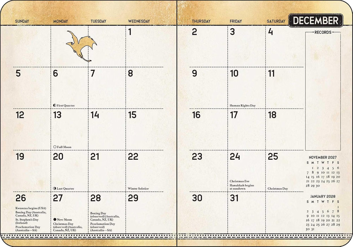 Fourth Wing 2027 monthly and weekly planner calendar with black dragon design and gold embellishment, official Empyrean series planner.