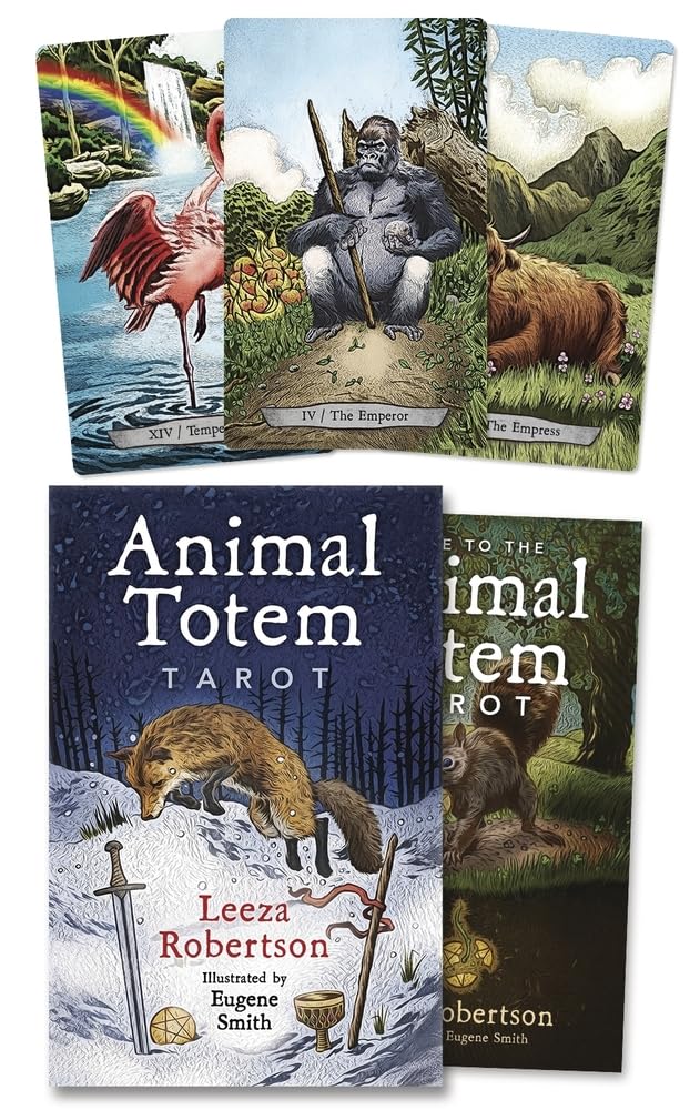 Collection of Animal Totem Tarot cards and book with illustrations of animals and nature scenes.