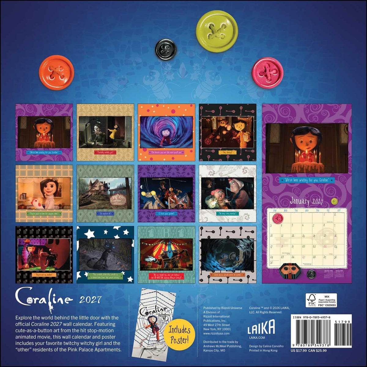 Back cover of the Coraline 2021 wall calendar by Laika, featuring a blue background with colorful button graphics at the top, a grid of movie stills, a sample January page, and a 'Includes Poster!' badge.