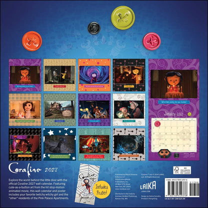 Back cover of the Coraline 2021 wall calendar by Laika, featuring a blue background with colorful button graphics at the top, a grid of movie stills, a sample January page, and a 'Includes Poster!' badge.