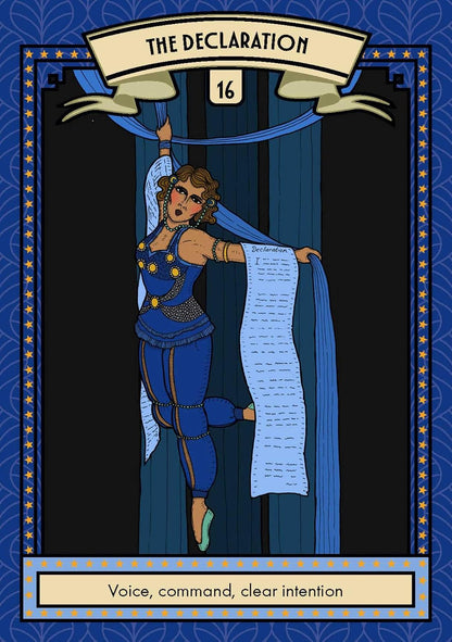 A stylized tarot card illustration titled 'The Declaration' with the number 16. A woman in a blue costume stands in front of dark blue curtains and holds up a long scroll.
Glamour Oracle by Lisa Lister featuring a 36-card oracle deck inspired by vintage glamour, magical self-care rituals and modern witchcraft with a companion guidebook.