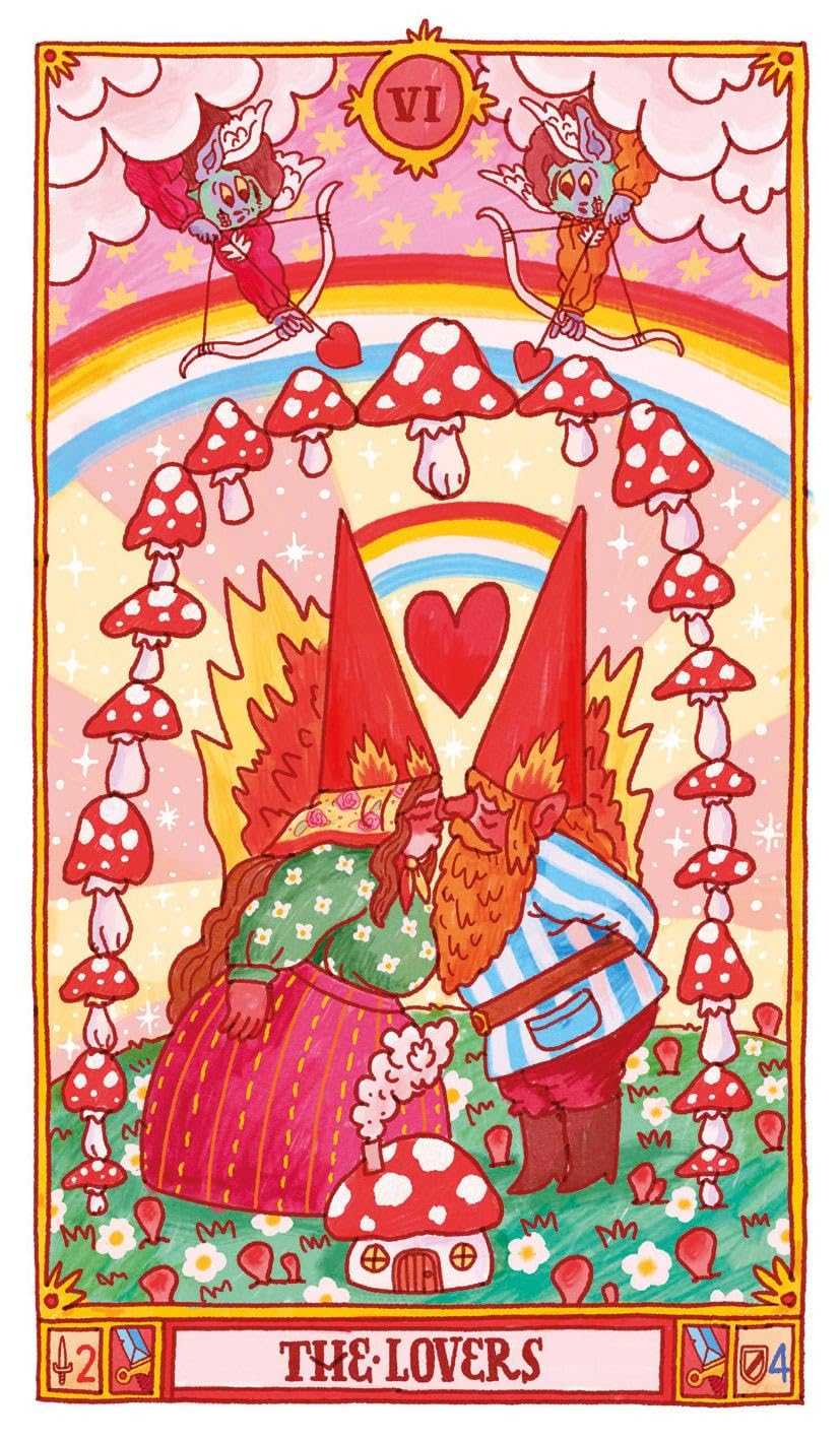 A colorful tarot-style illustration card titled 'THE LOVERS' with two gnomes under a rainbow and red-and-white mushrooms, shown on a white background.