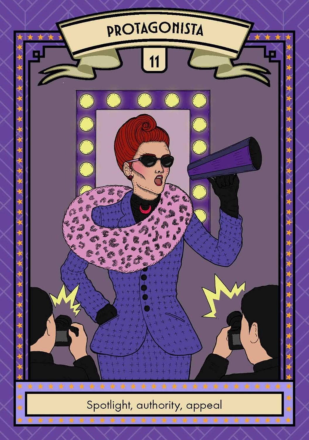 A stylized illustrated card or poster with the title 'PROTAGONISTA' at the top and the Spanish phrase 'Spotlight, authority, appeal' at the bottom. The central figure has red hair, wears sunglasses, a purple blazer, a pink leopard-print collar, and holds a megaphone, while photographers are visible at the bottom.
Glamour Oracle by Lisa Lister featuring a 36-card oracle deck inspired by vintage glamour, magical self-care rituals and modern witchcraft with a companion guidebook.